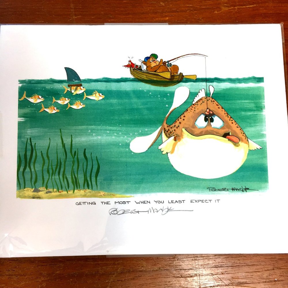 ROBERT MARBLE  Signed Art Print 1991 Fishing Bear  Vtg